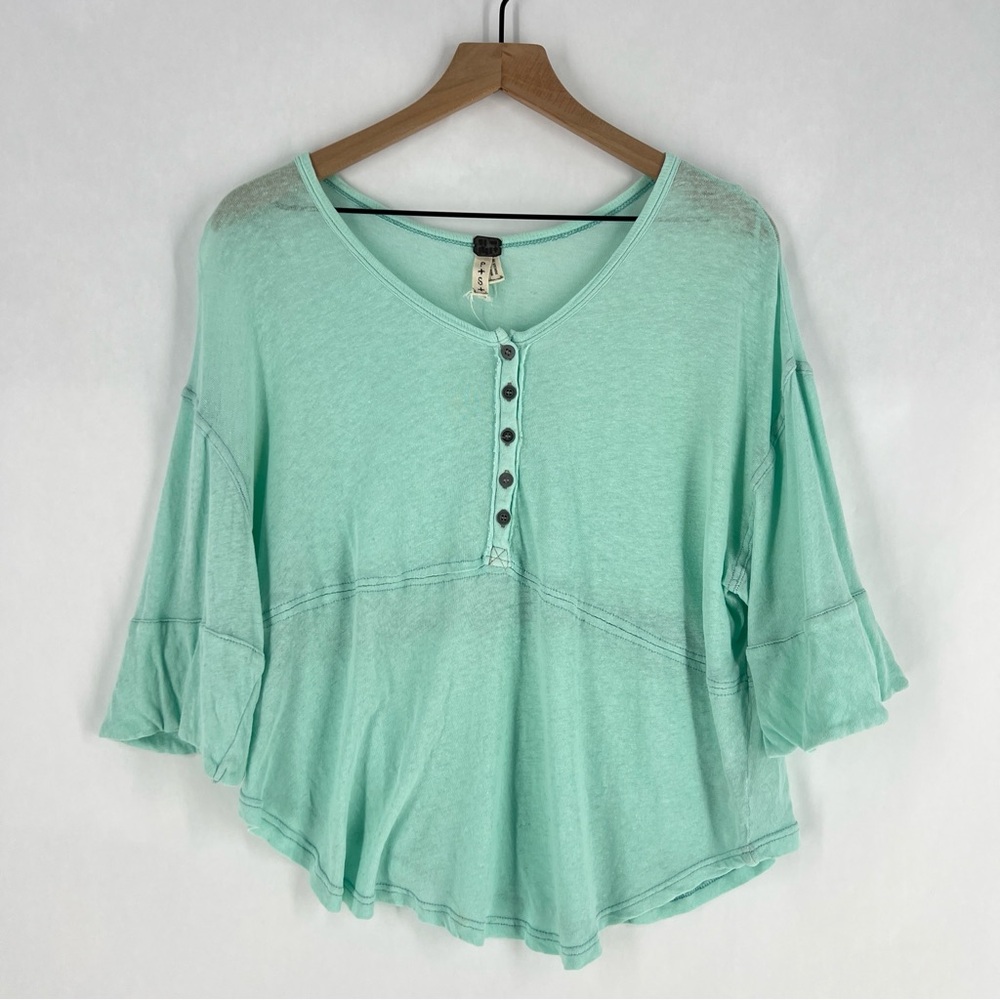 We The Free Sheer‎ Aqua Mint Green Linen Blend Relaxed Fit Dolman Henley Top
